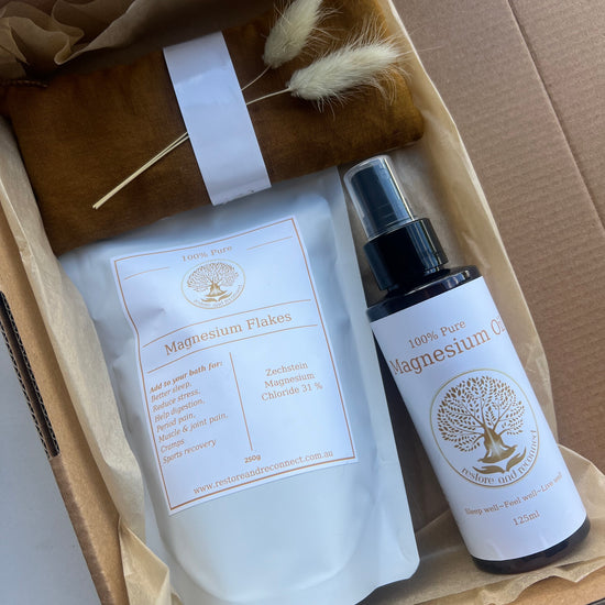 Magnesium Oil, Magnesium Flakes, Magnesium Oil roller, eye pillow in gift box