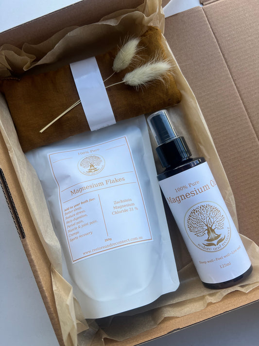 Magnesium Oil, Magnesium Flakes, Magnesium Oil roller, eye pillow in gift box